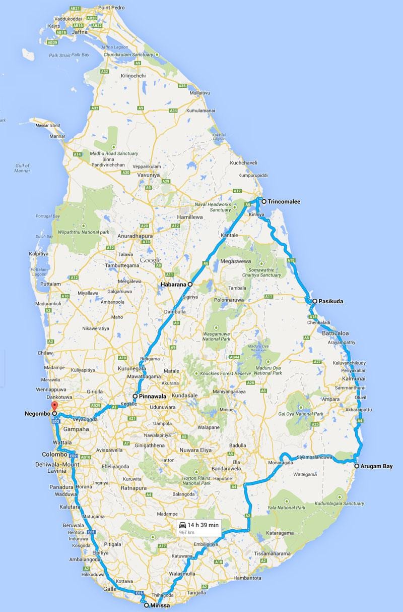 Sri Lanka pantai terbaik di peta