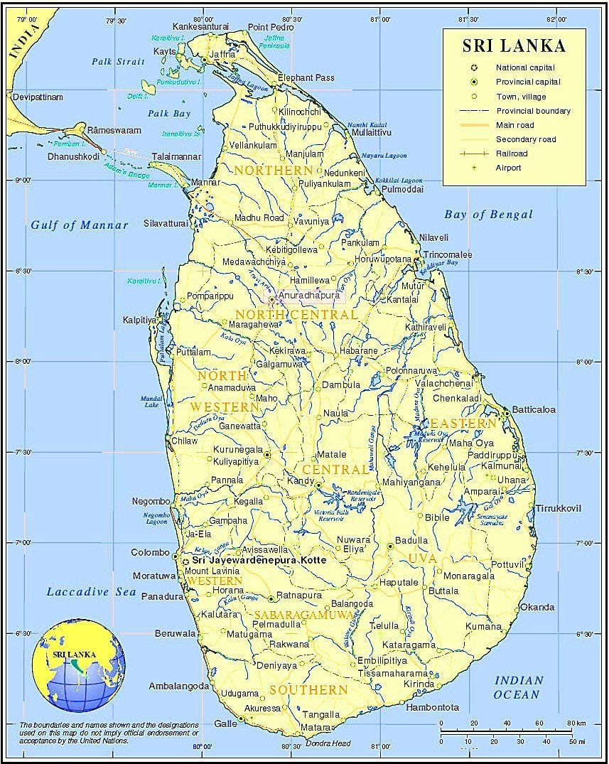 peta dari Sri Lanka tempat-tempat bersejarah